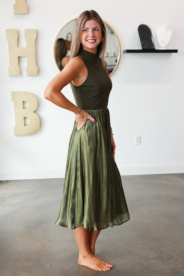 Mixed Media Midi Dress - Olive