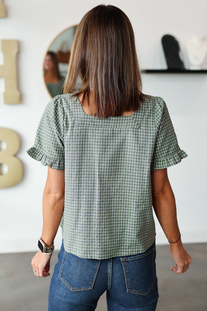 Plaid Button Front Top - Green