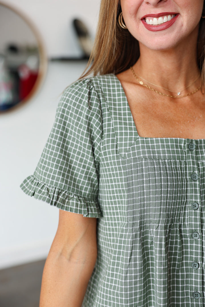 Plaid Button Front Top - Green