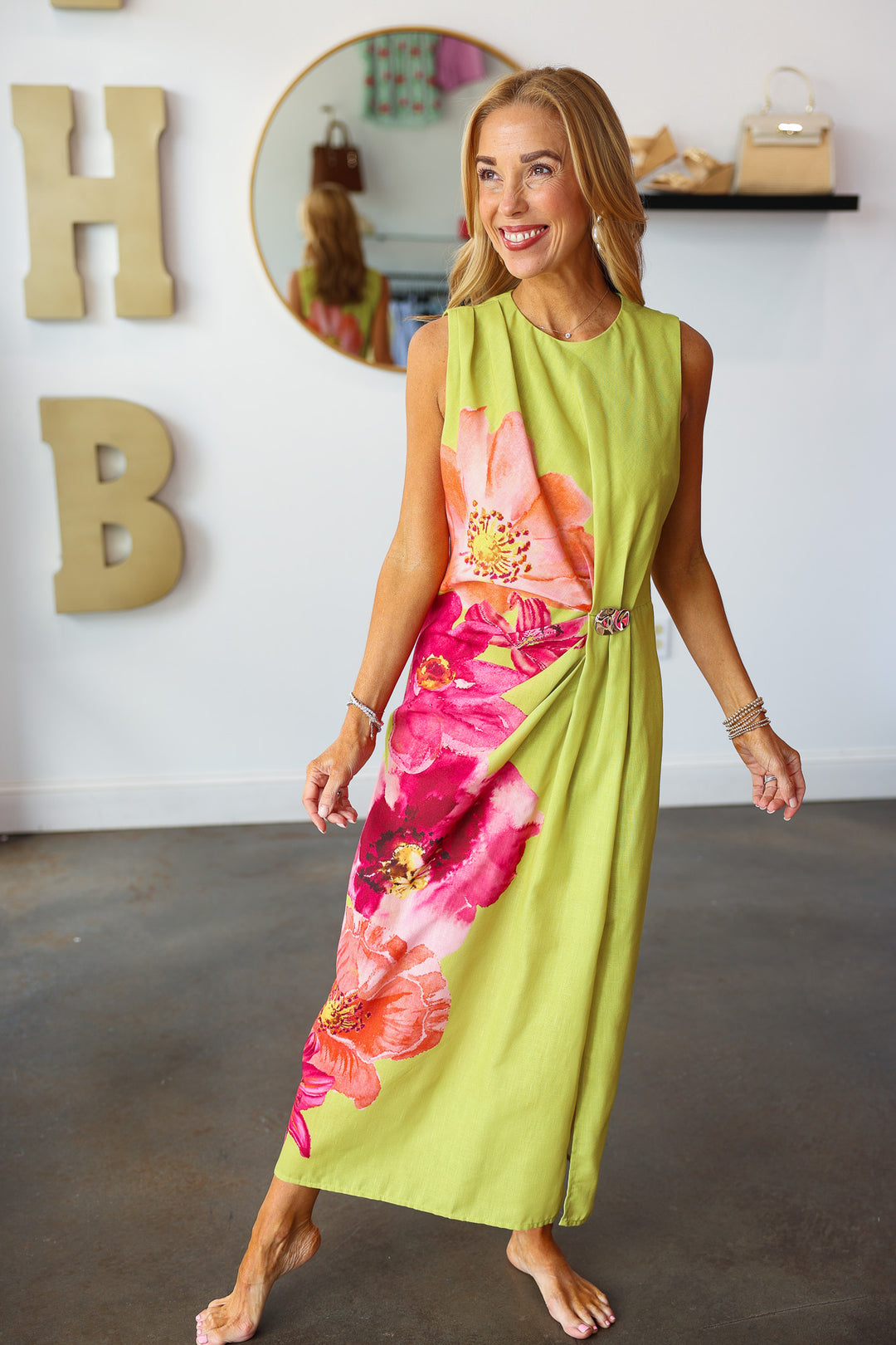 Side Cinch Floral Dress - Chartreuse