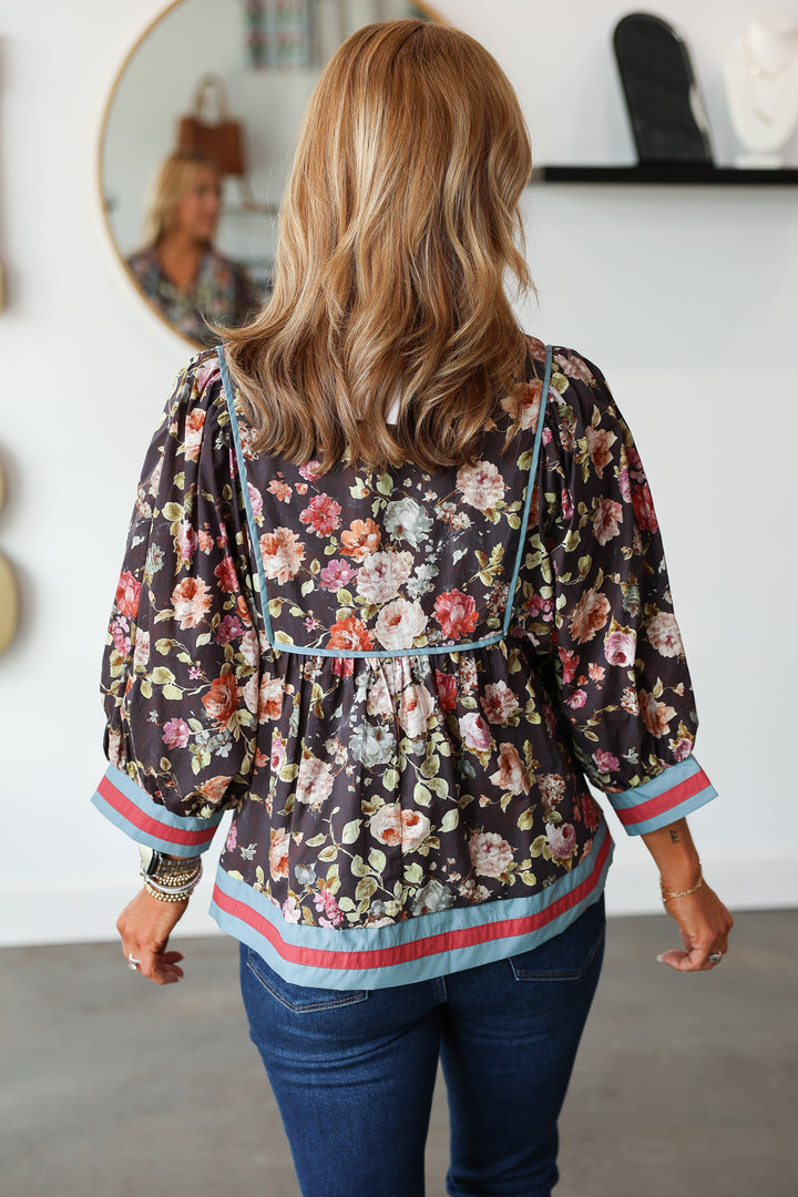 Contrast Trim Floral Top - Chocolate
