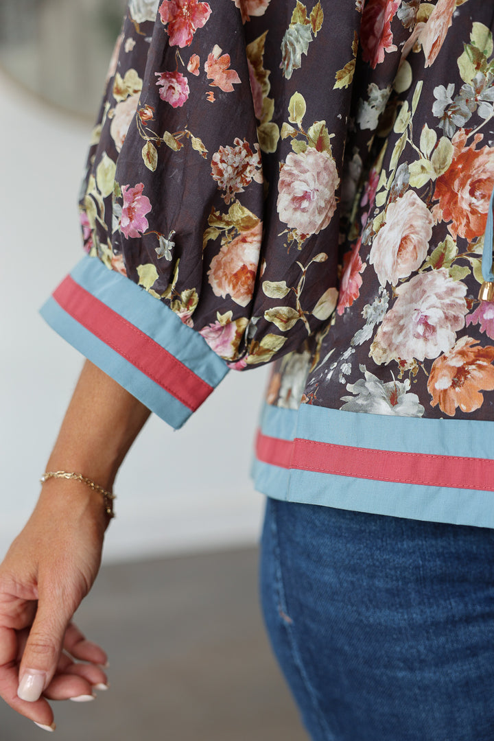 Contrast Trim Floral Top - Chocolate