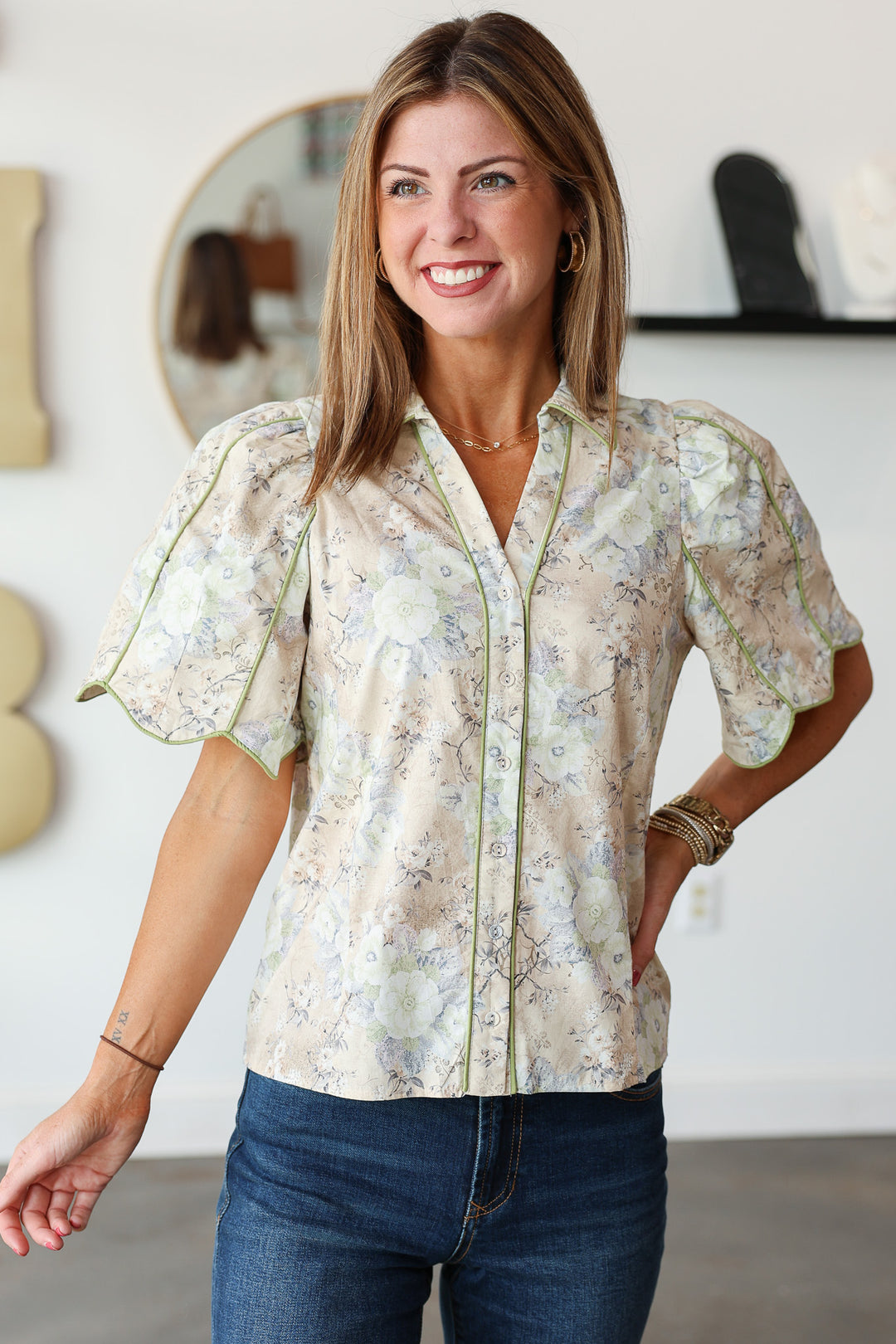 Green Piping Floral Top - Ecru