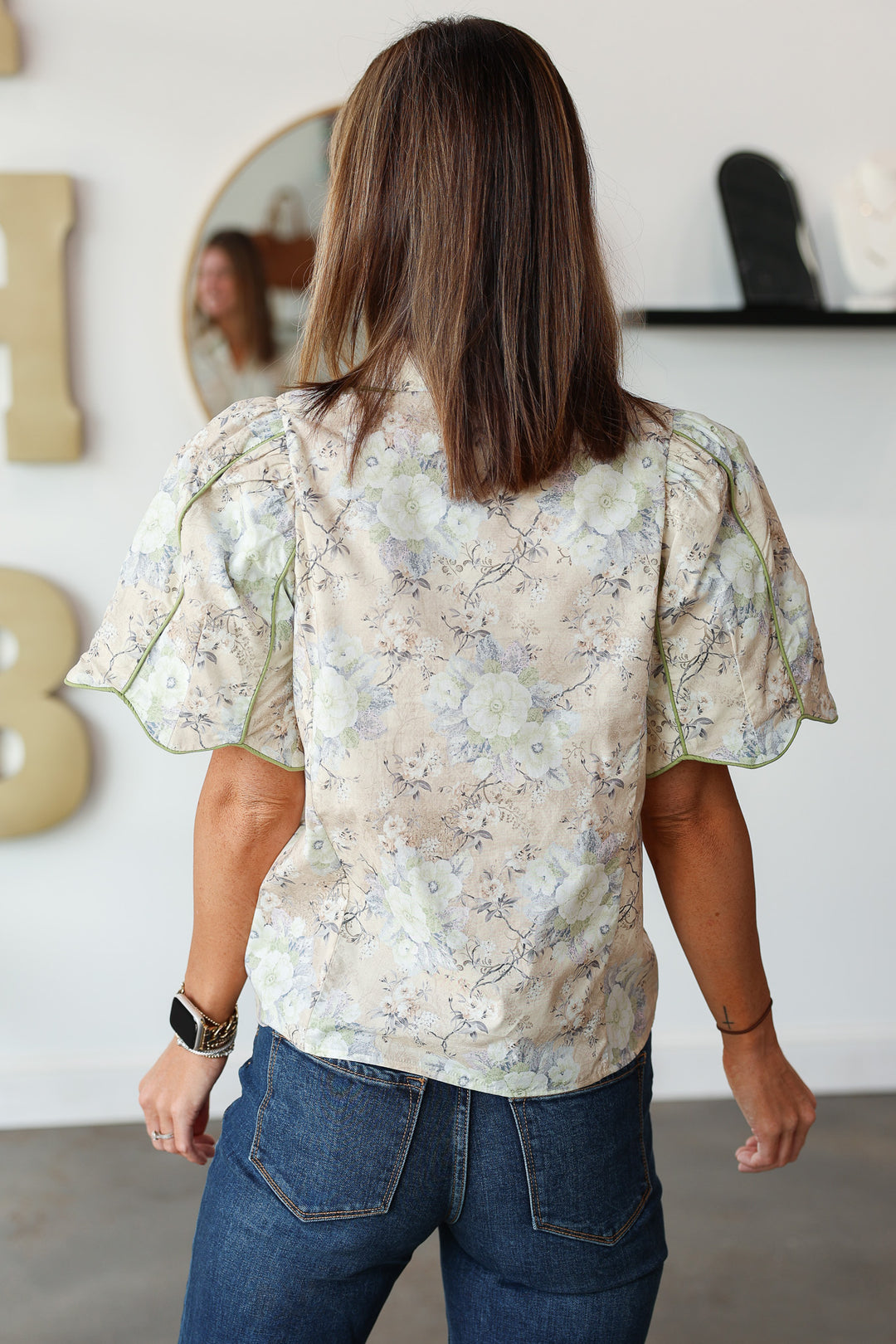 Green Piping Floral Top - Ecru