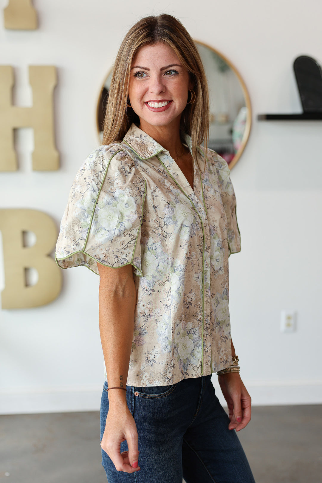 Green Piping Floral Top - Ecru
