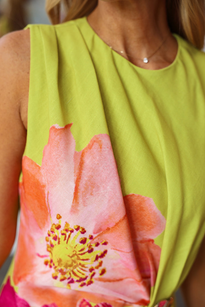Side Cinch Floral Dress - Chartreuse
