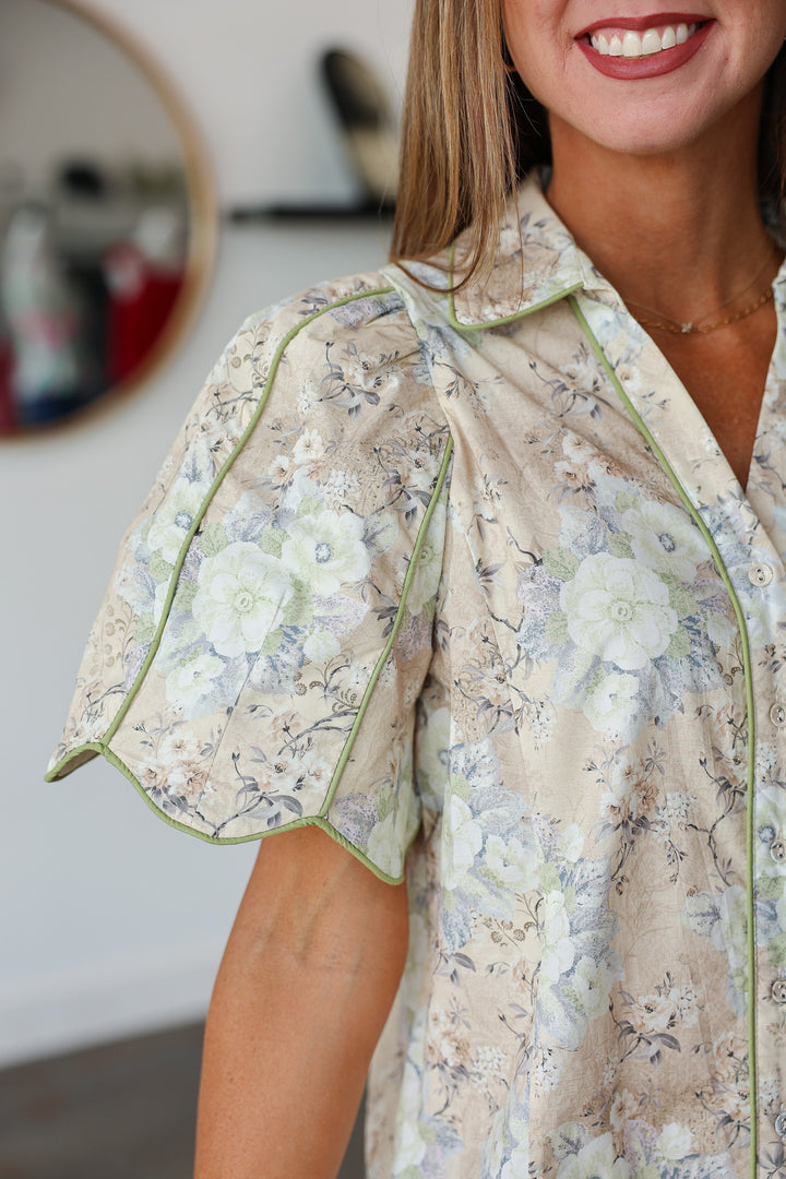Green Piping Floral Top - Ecru