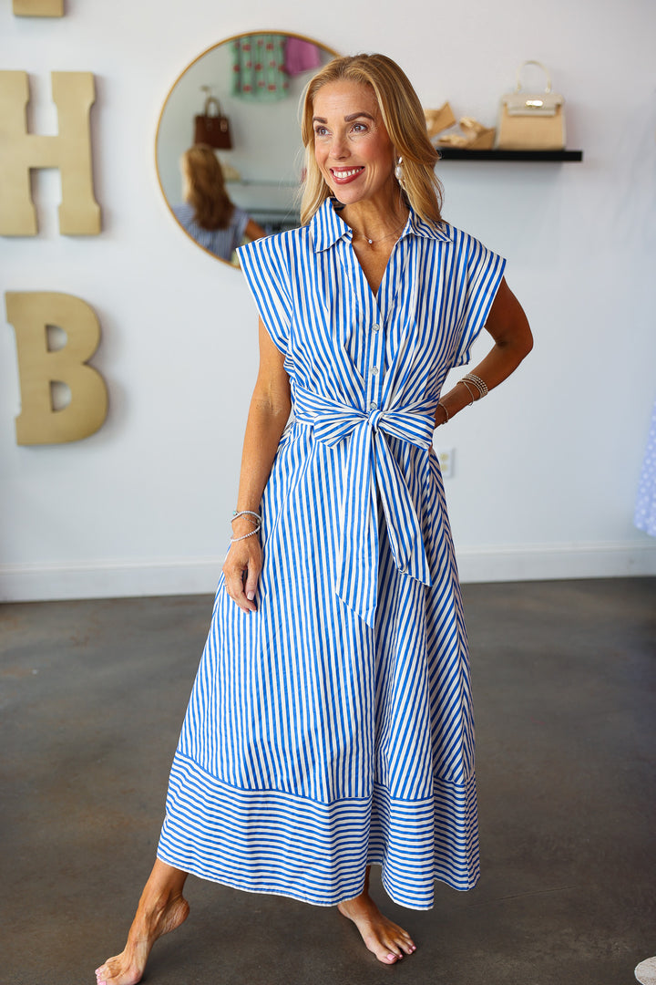 Front Tie Striped Midi Dress - Blue