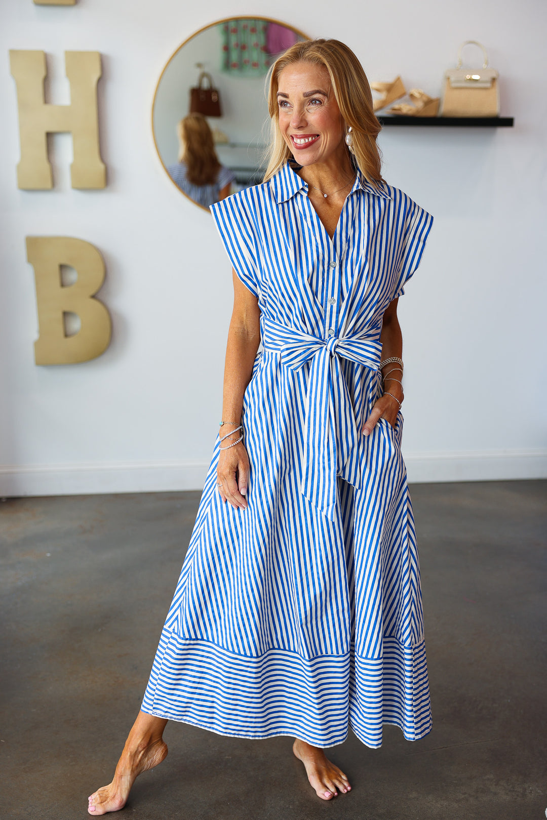 Front Tie Striped Midi Dress - Blue
