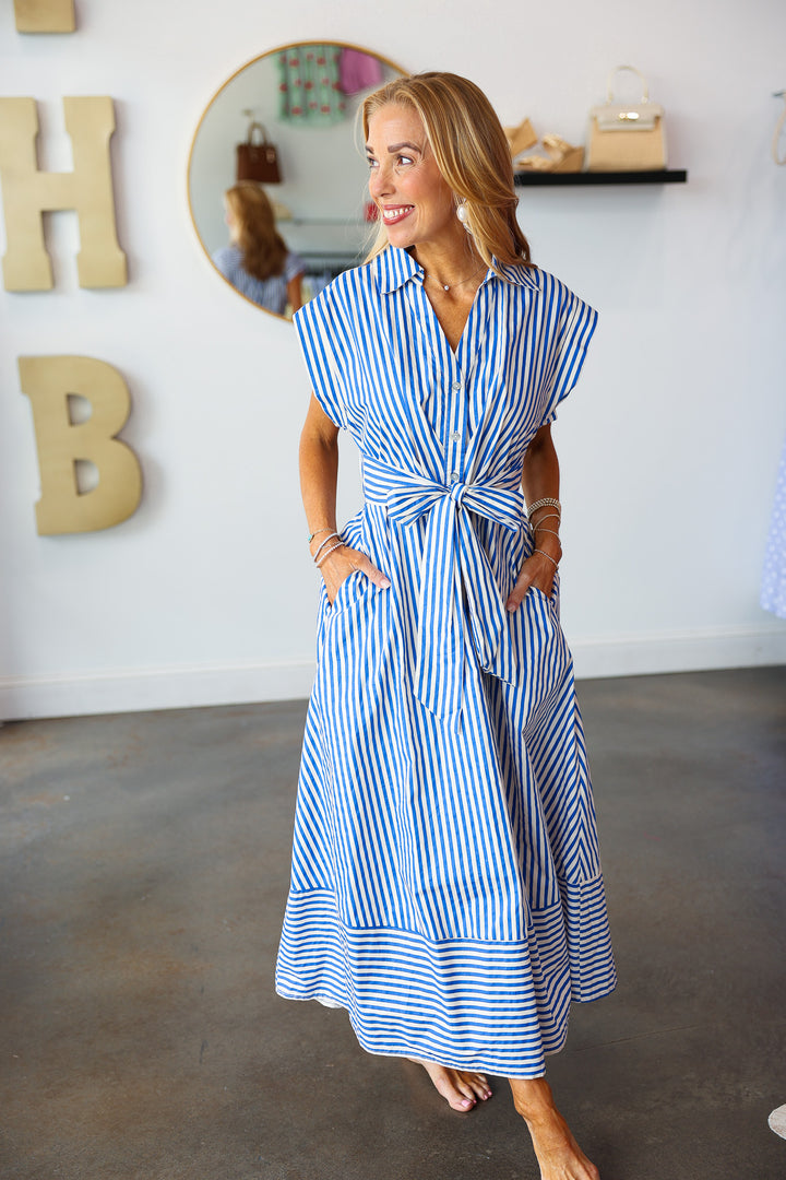 Front Tie Striped Midi Dress - Blue