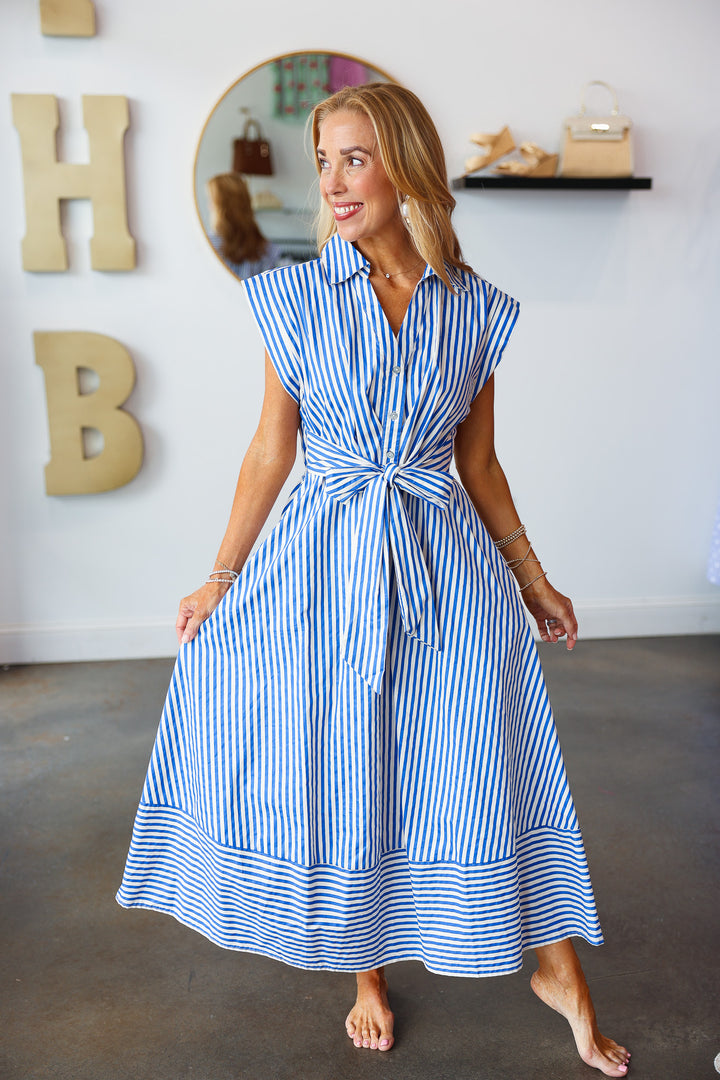 Front Tie Striped Midi Dress - Blue