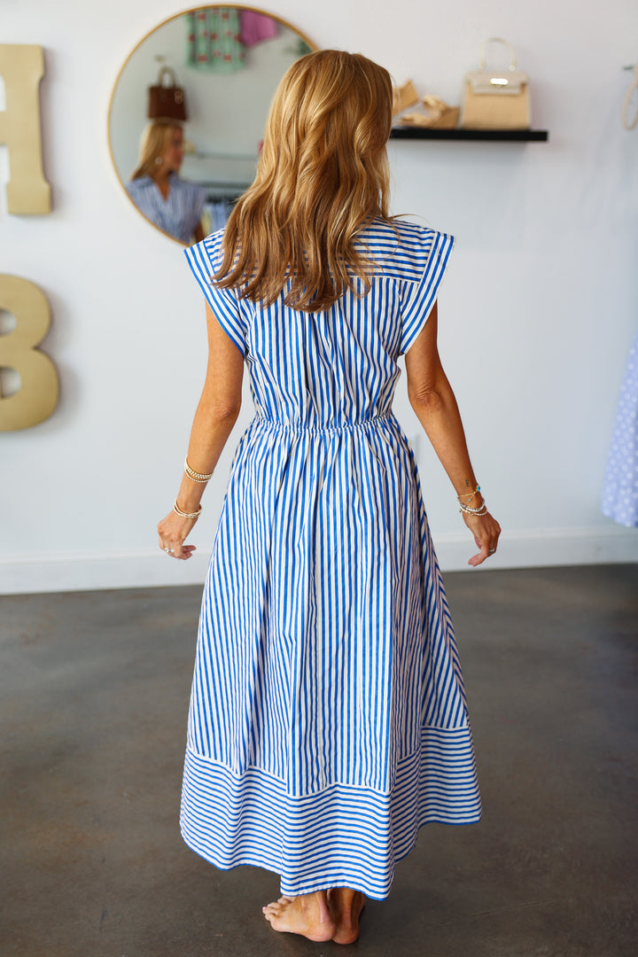 Front Tie Striped Midi Dress - Blue