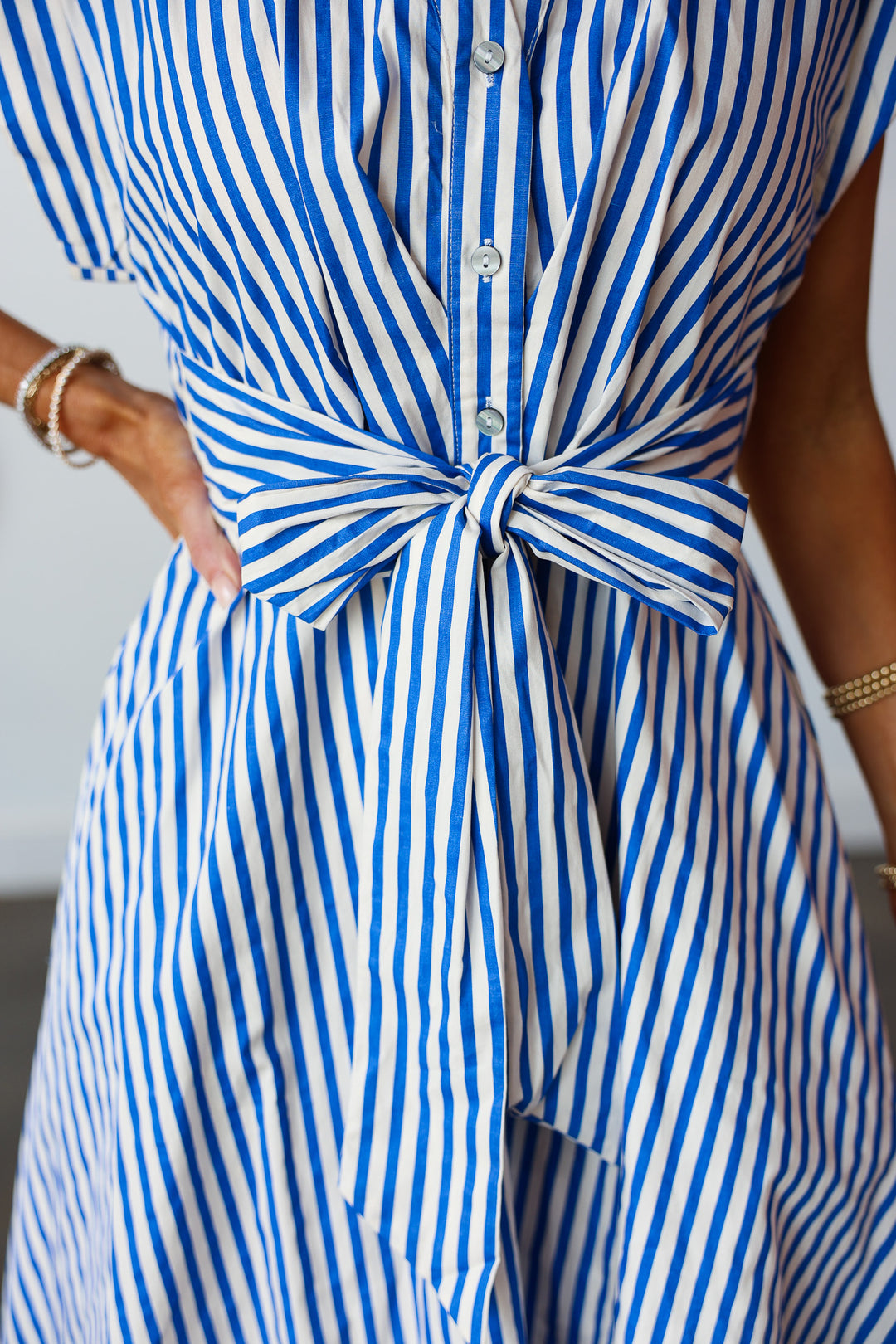 Front Tie Striped Midi Dress - Blue