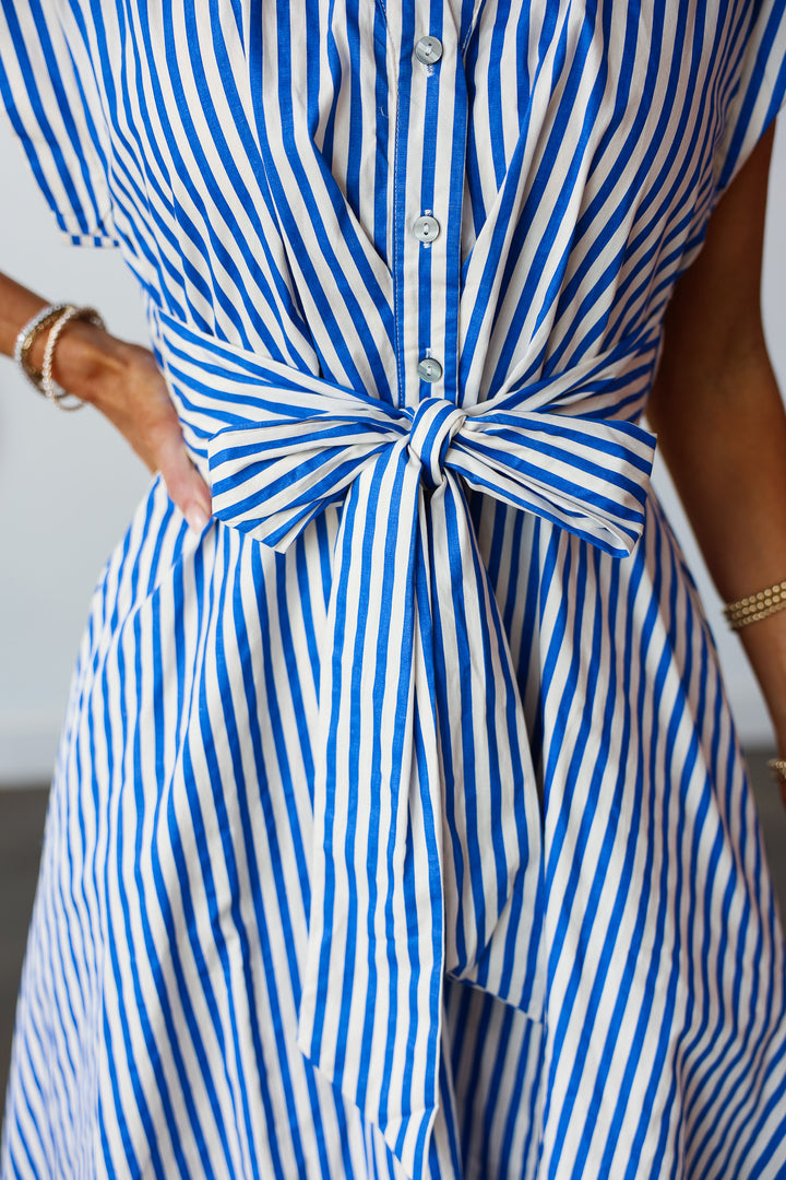 Front Tie Striped Midi Dress - Blue