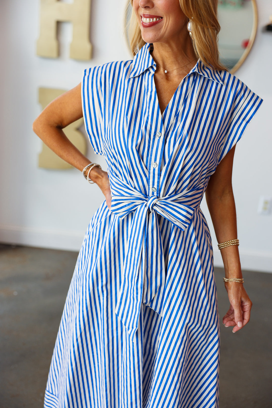 Front Tie Striped Midi Dress - Blue
