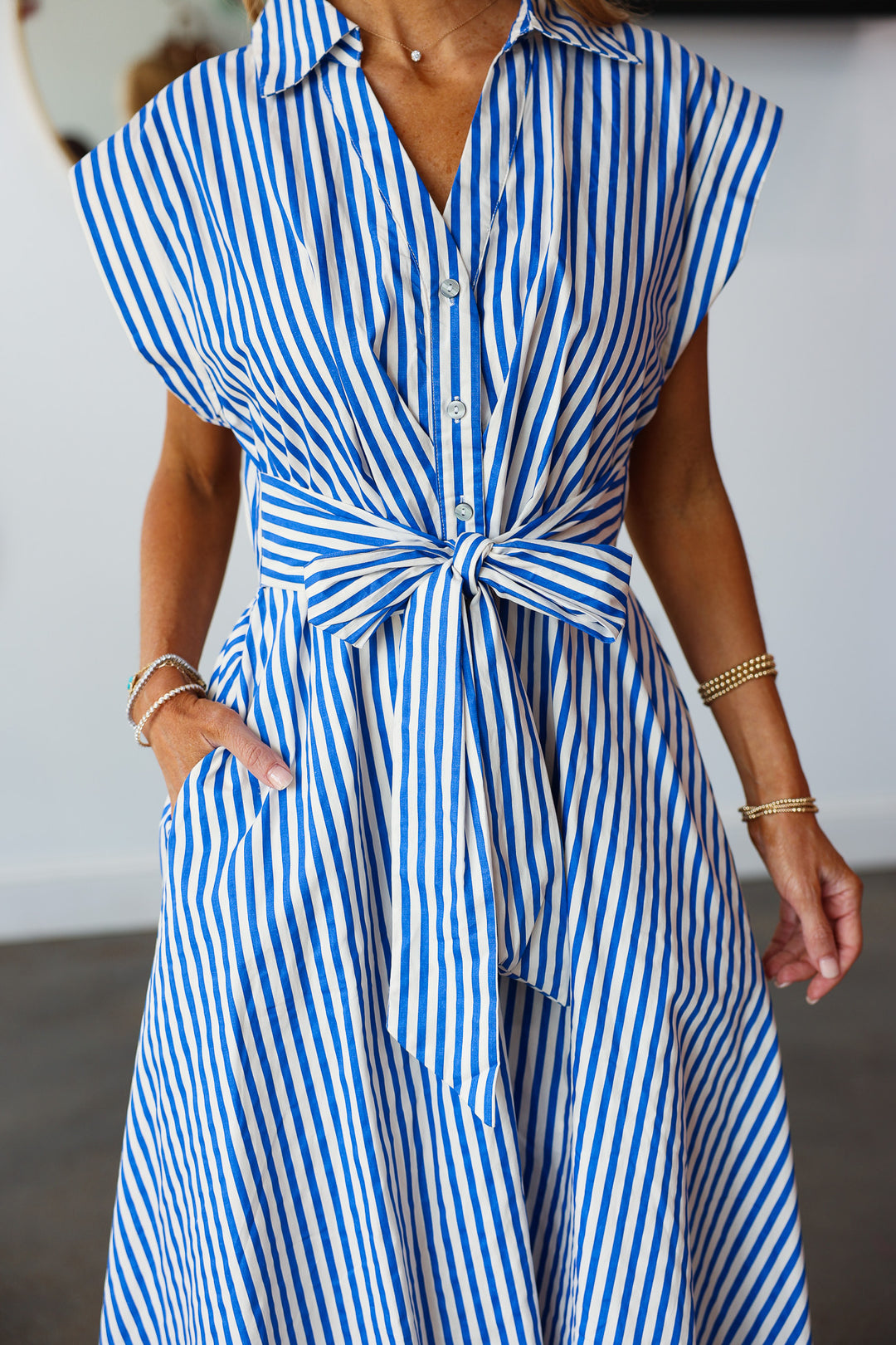 Front Tie Striped Midi Dress - Blue
