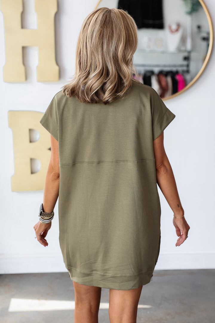 Quarter Zip Cap Sleeve Dress - Olive