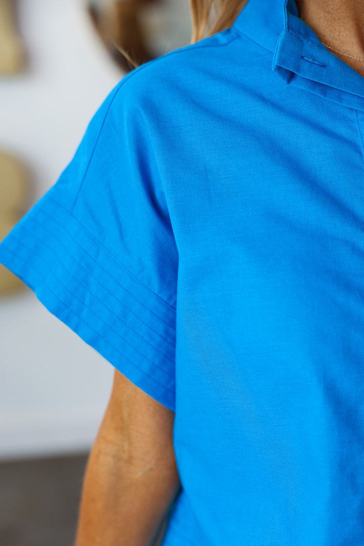 Short Sleeve Button Front Top - Ocean Blue