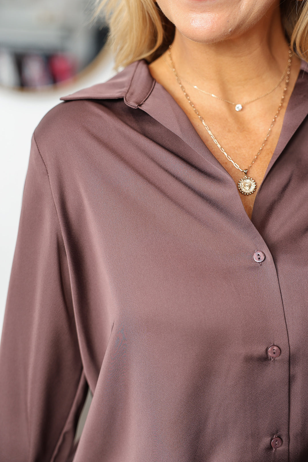 Satin Button Down - Espresso