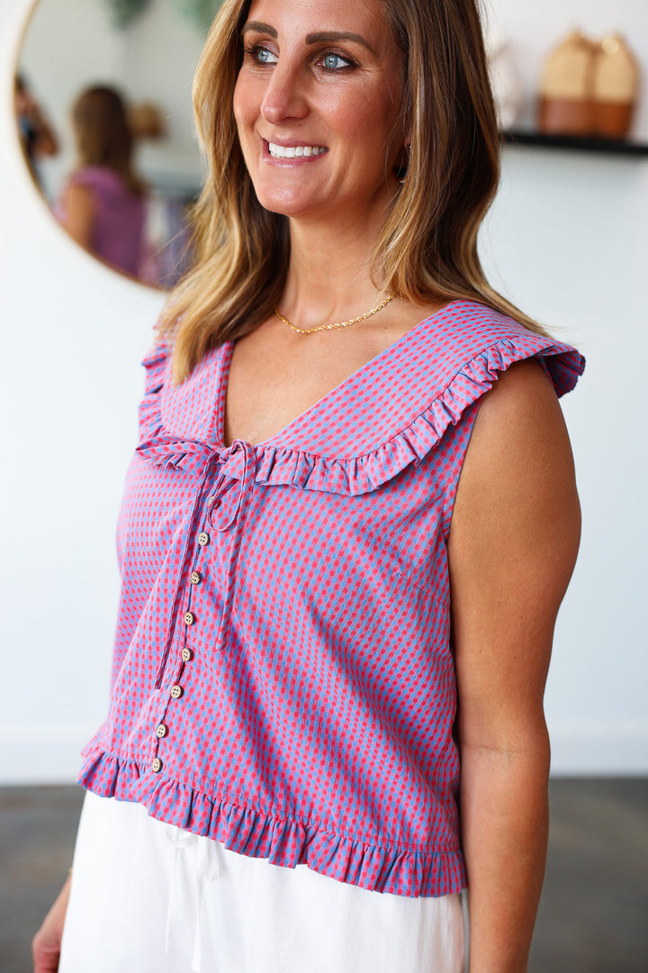 Gingham Ruffle Collar Top - Cherry/Blue