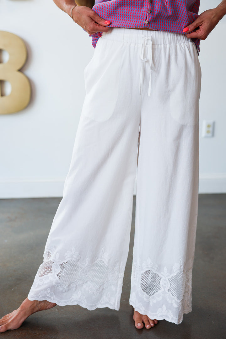 Embroidered Hem Pants - White