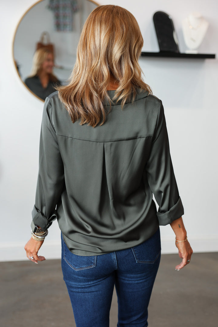 Satin Button Down - Olive