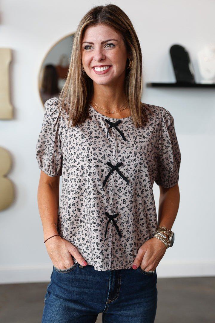 Bow Detail Floral Top - Stone/Black