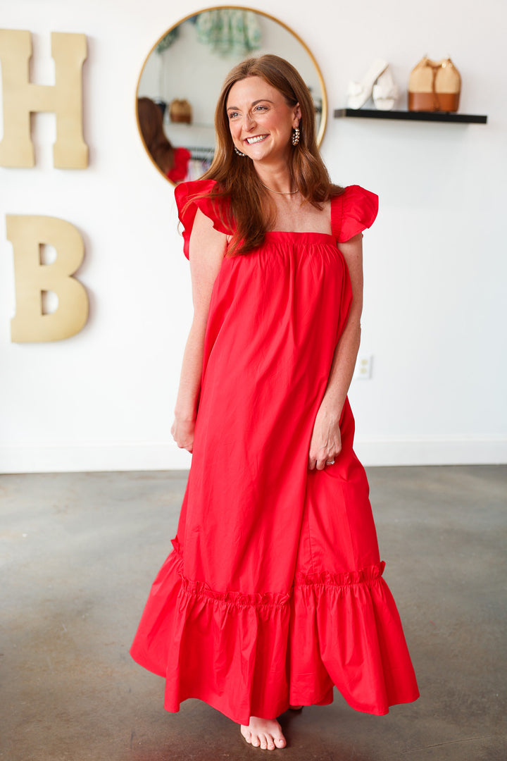 Flutter Sleeve Maxi Dress - Red