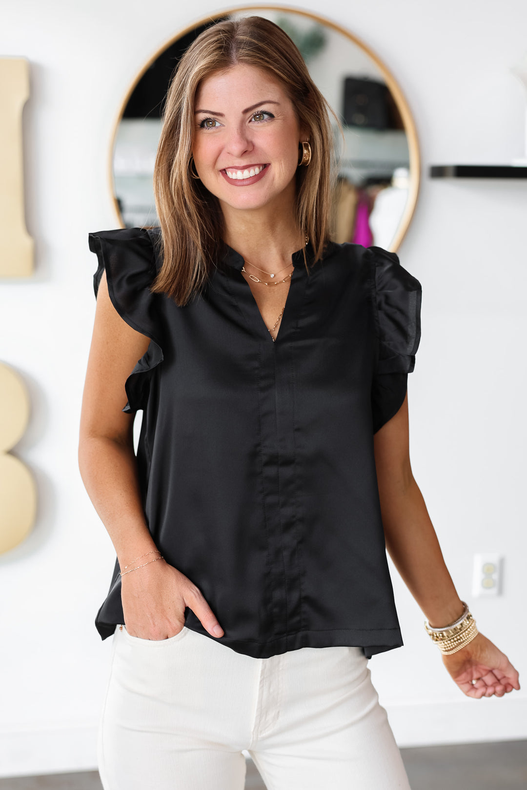 Ruffle Sleeve Blouse - Black