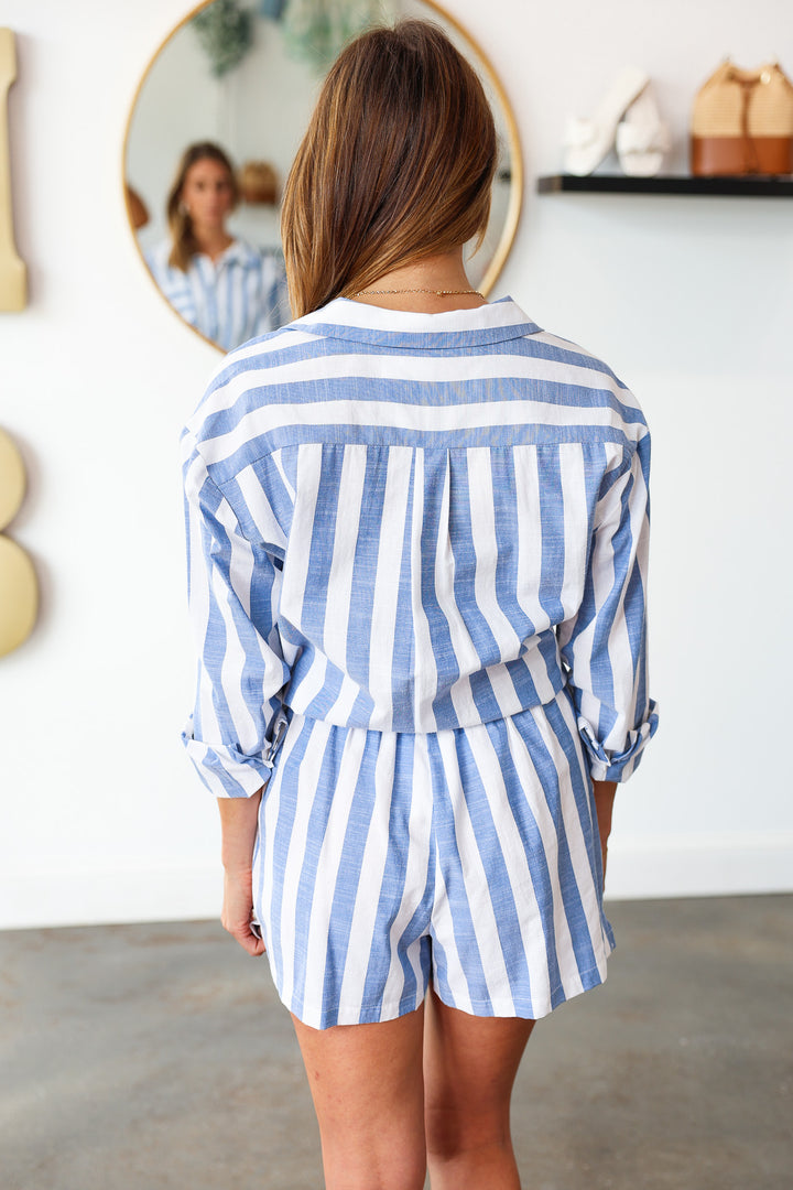 Elastic Waist Striped Shorts - Blue