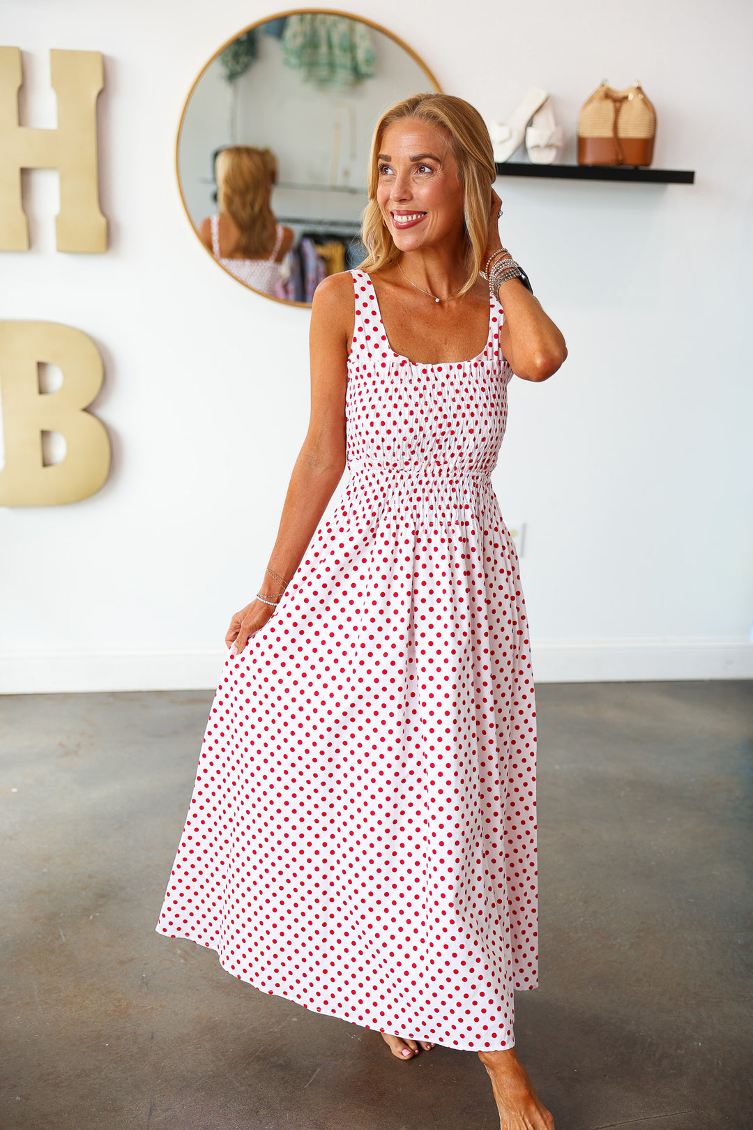 Polka Dot Smocked Dress - Red