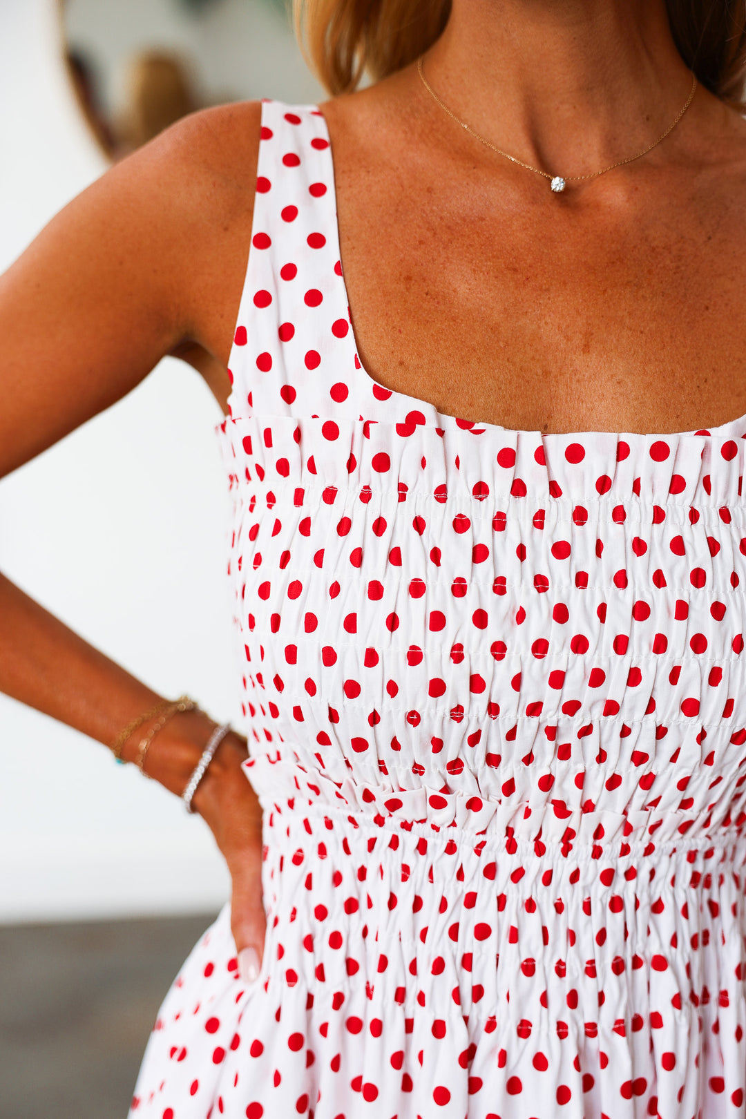 Polka Dot Smocked Dress - Red