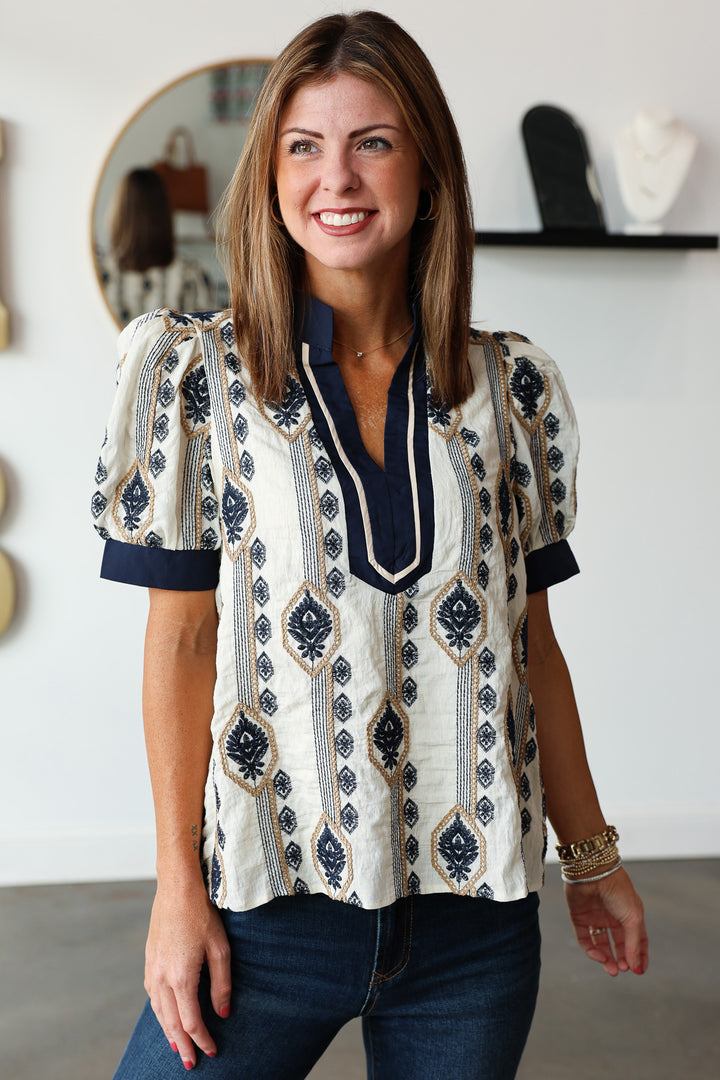 Embroidered Detail Top - Navy