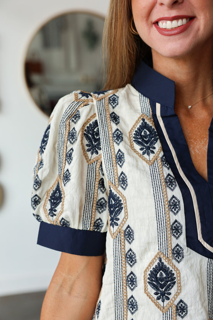 Embroidered Detail Top - Navy