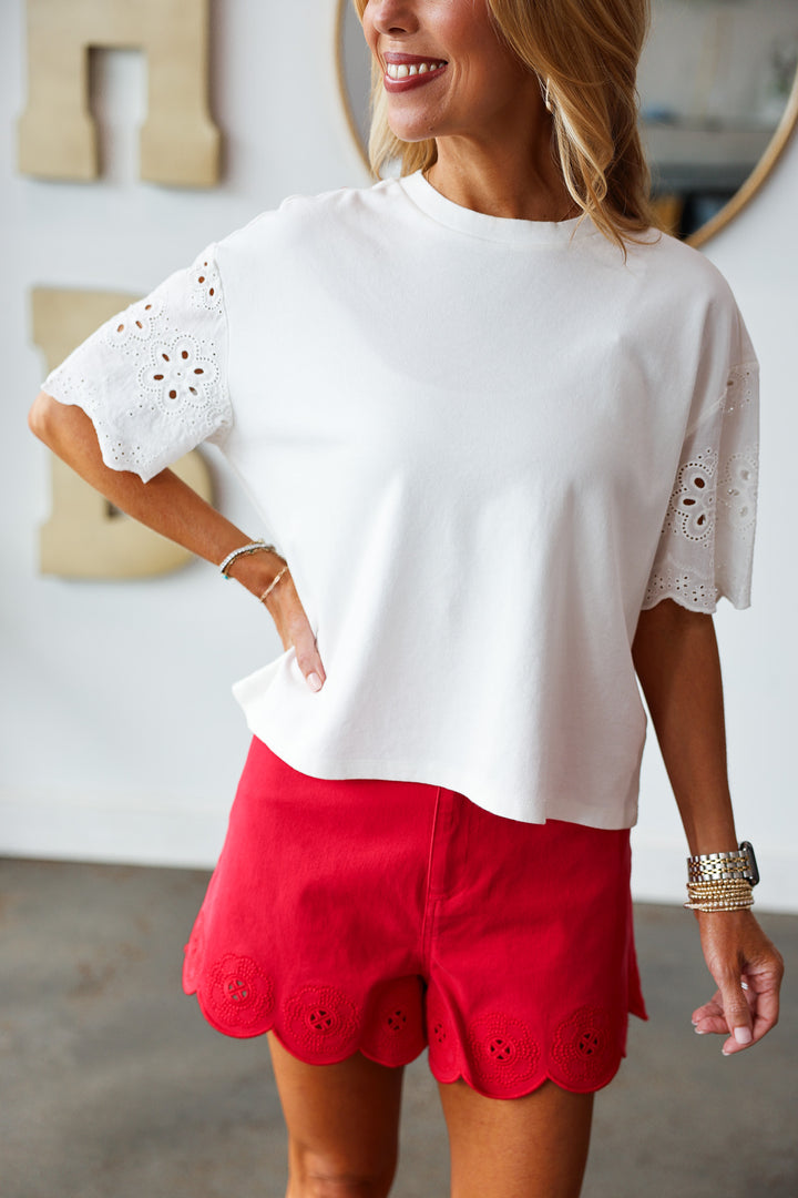 Dear John Embroidered Trim Tee - White