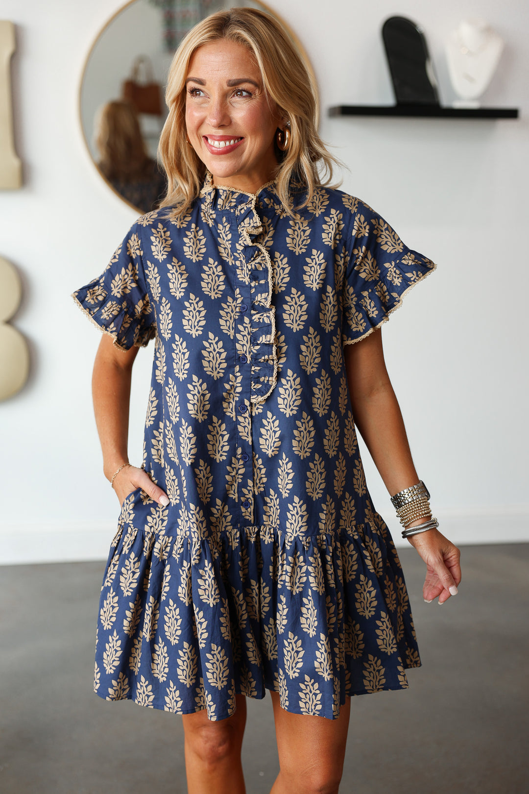 Button Front Printed Dress - Navy