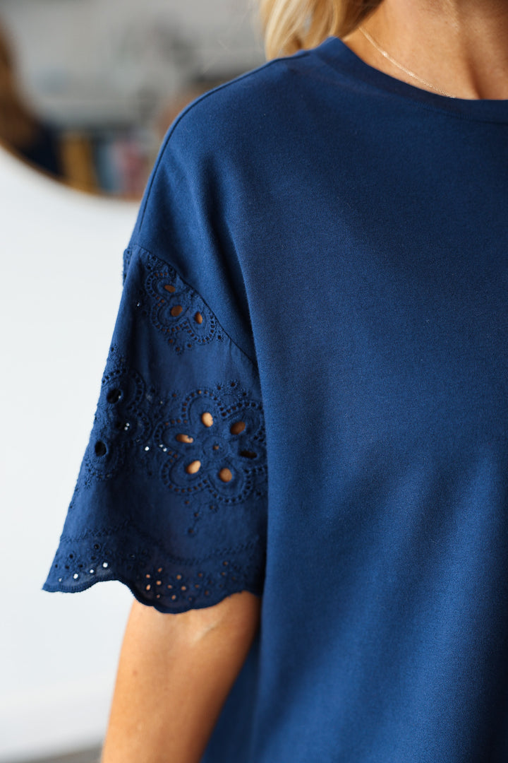 Dear John Embroidered Trim Tee - Navy