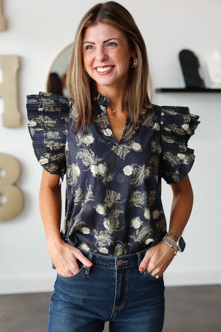 Pleated Sleeve Top - Navy