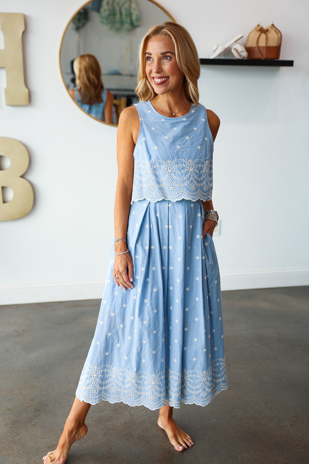 Embroidered Overlay Midi Dress - Light Blue