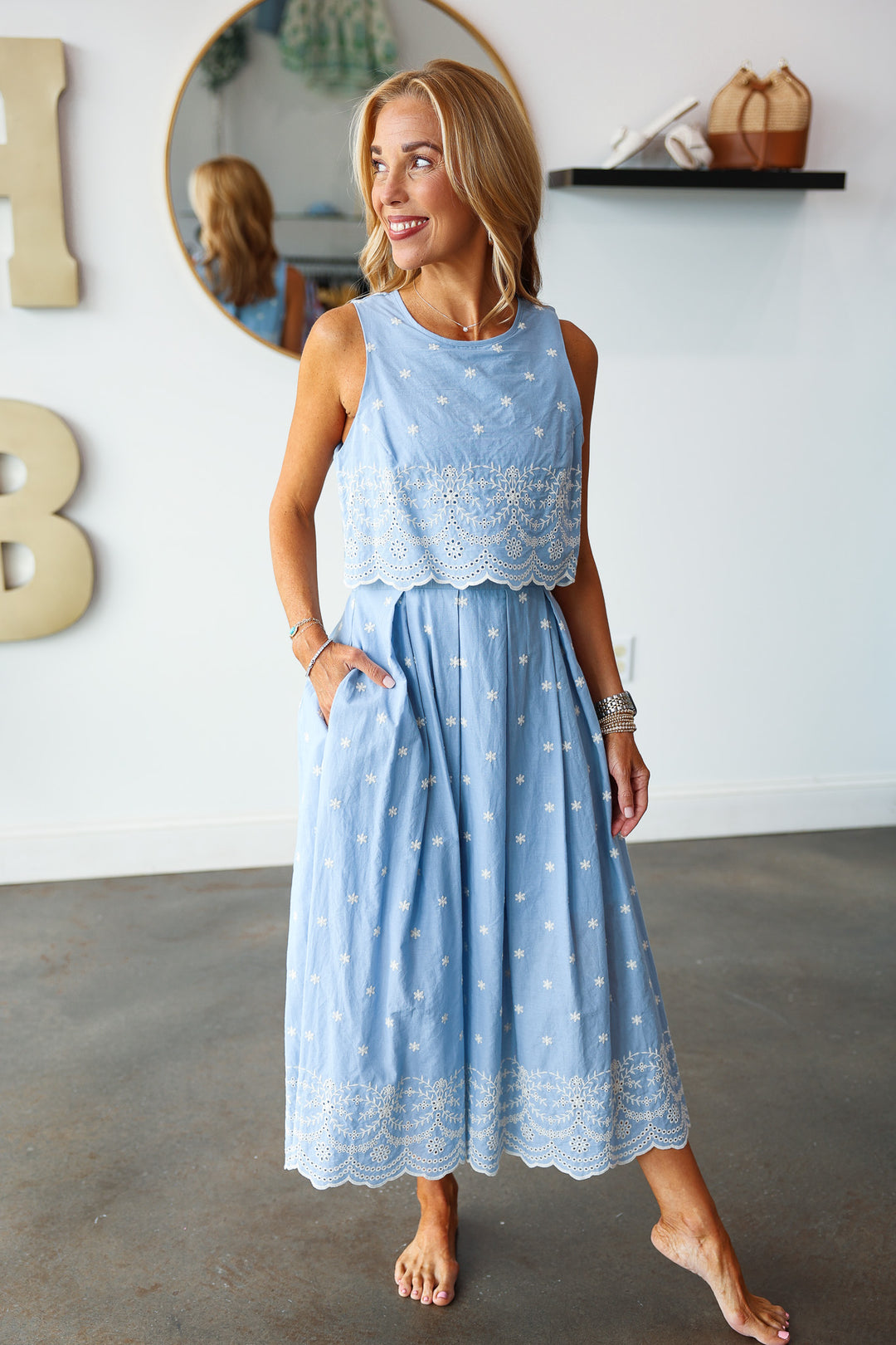 Embroidered Overlay Midi Dress - Light Blue