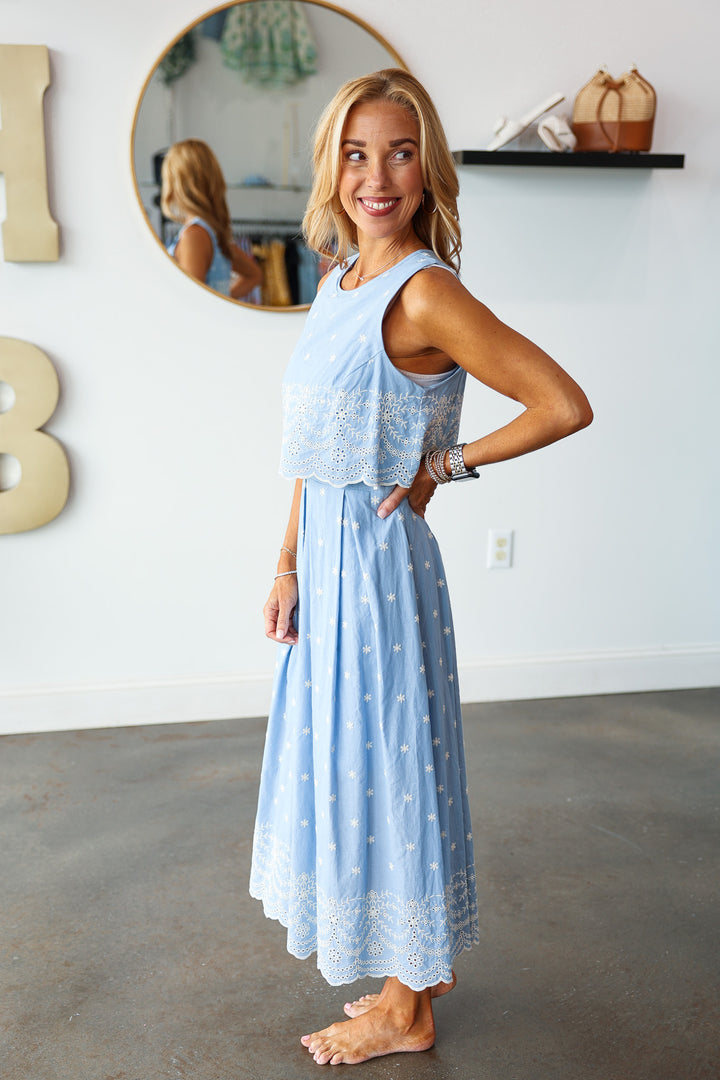 Embroidered Overlay Midi Dress - Light Blue