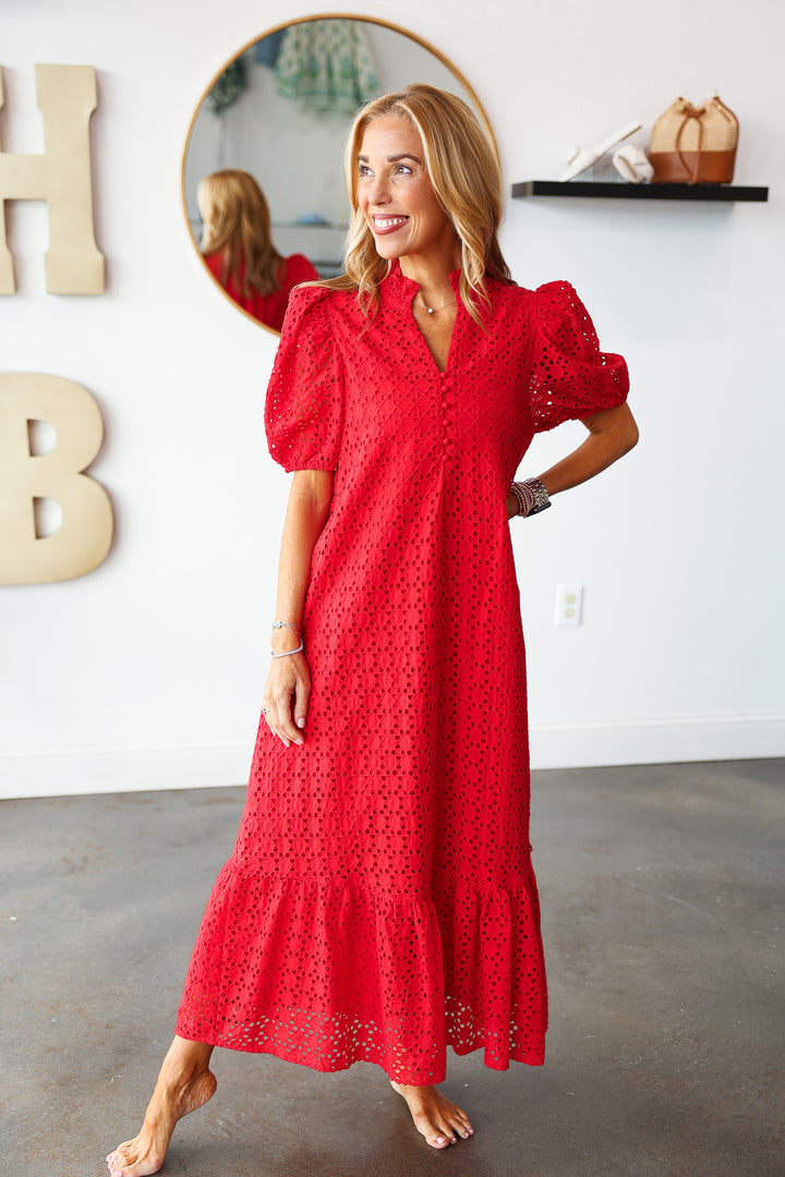Eyelet Maxi Dress - Red