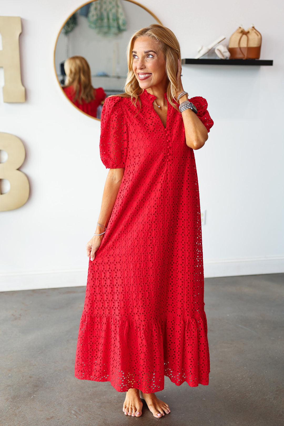 Eyelet Maxi Dress - Red
