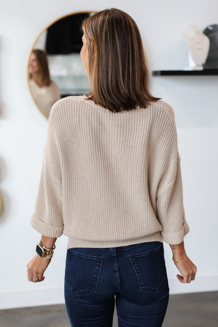 Split V Pullover Sweater - Ecru