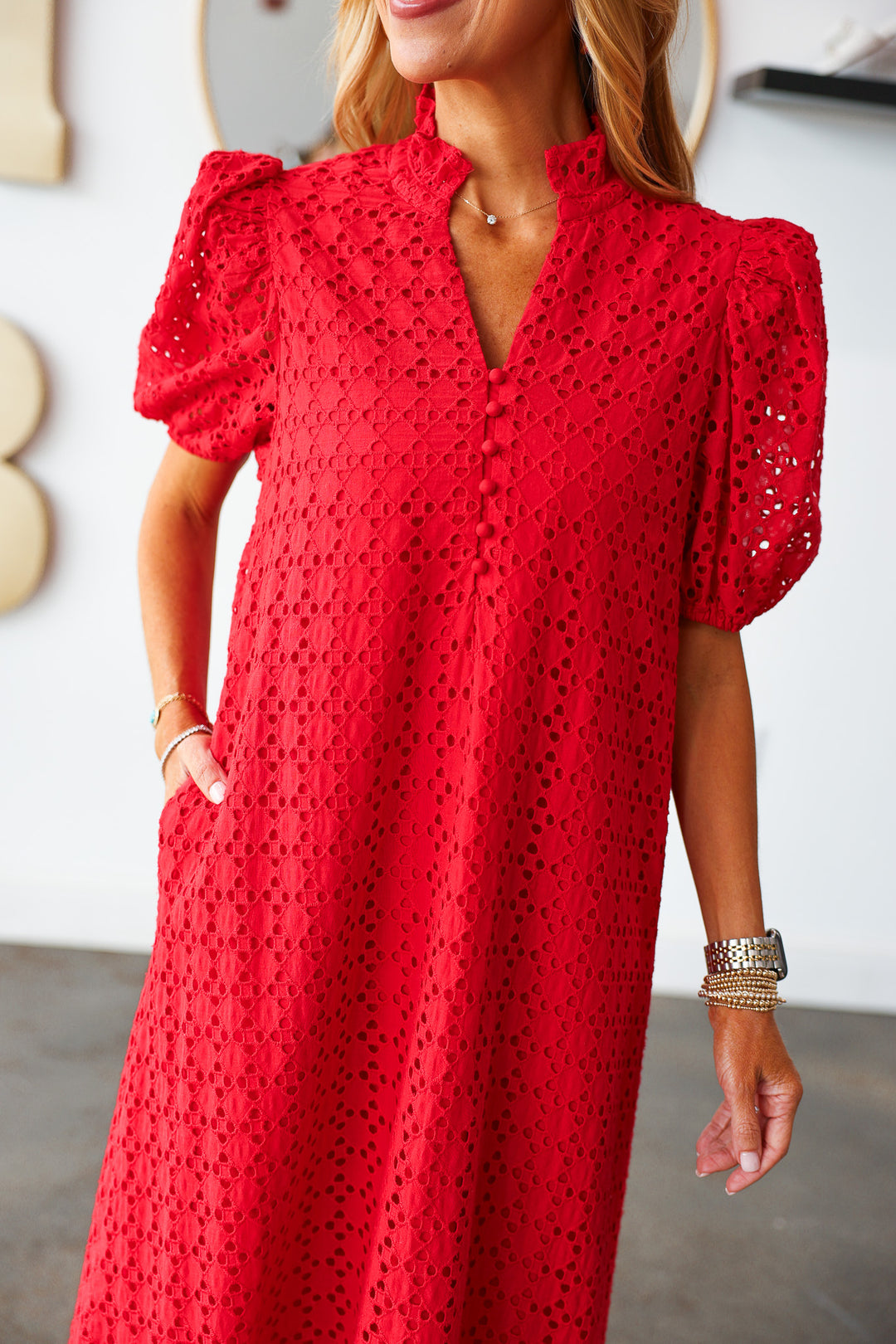 Eyelet Maxi Dress - Red