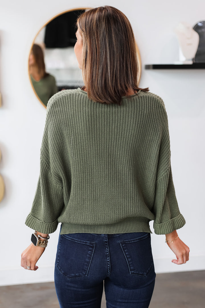 Split V Pullover Sweater - Olive