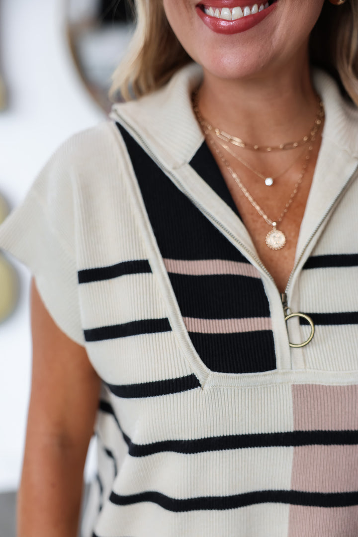 Quarter Zip Striped Color Block Dress - Cream