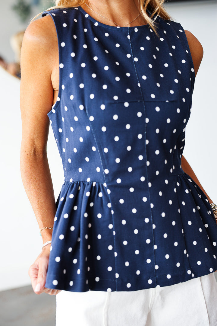 Polka Dot Peplum Top - Navy