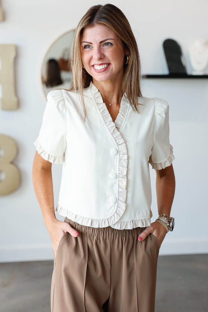 Ruffle Trim Button Top - Cream