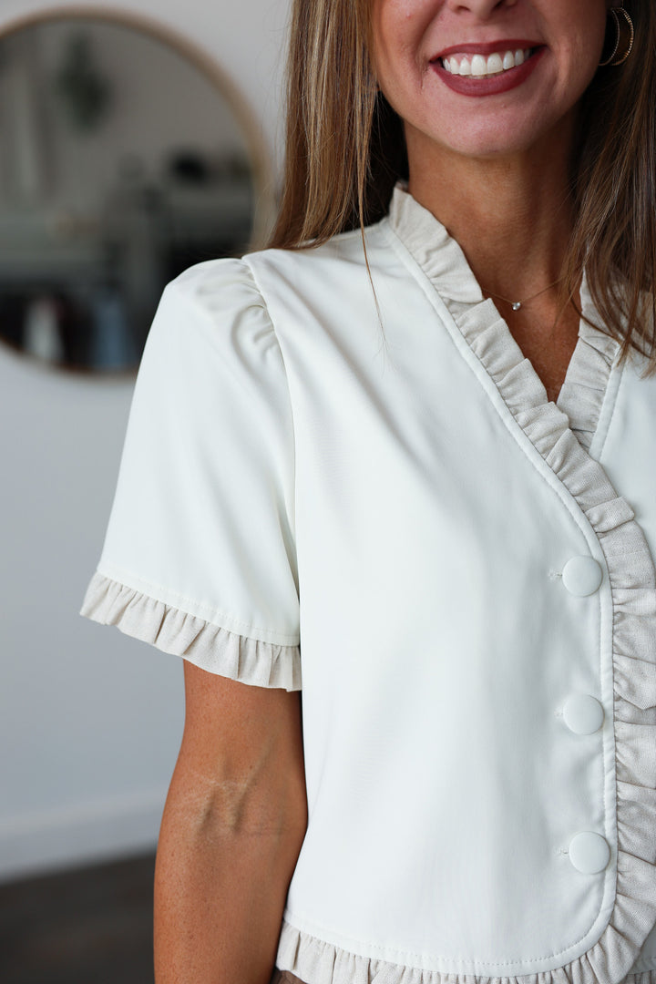 Ruffle Trim Button Top - Cream